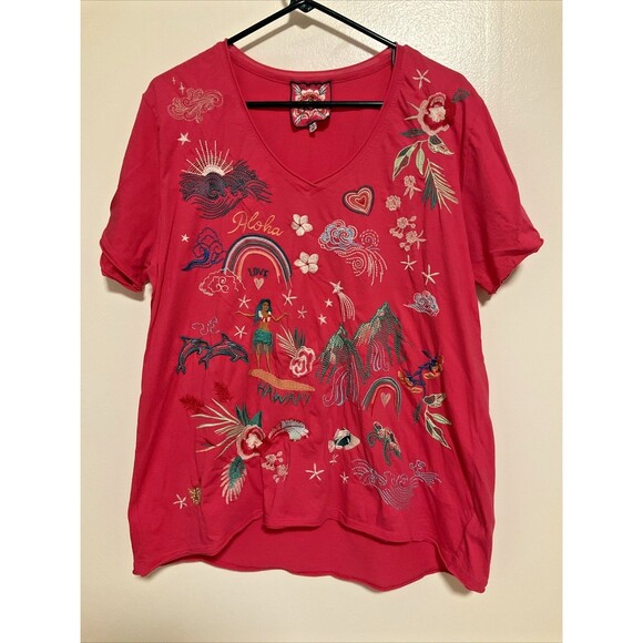 Johnny Was Tops - Johnny Was Women’s L Pink Embroidered Hawaii Aloha Short Sleeve Shirt